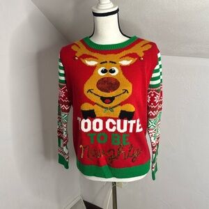 No Boundries Christmas Sweater Too Cute To Be Naughty Juniors Size Large 11-13